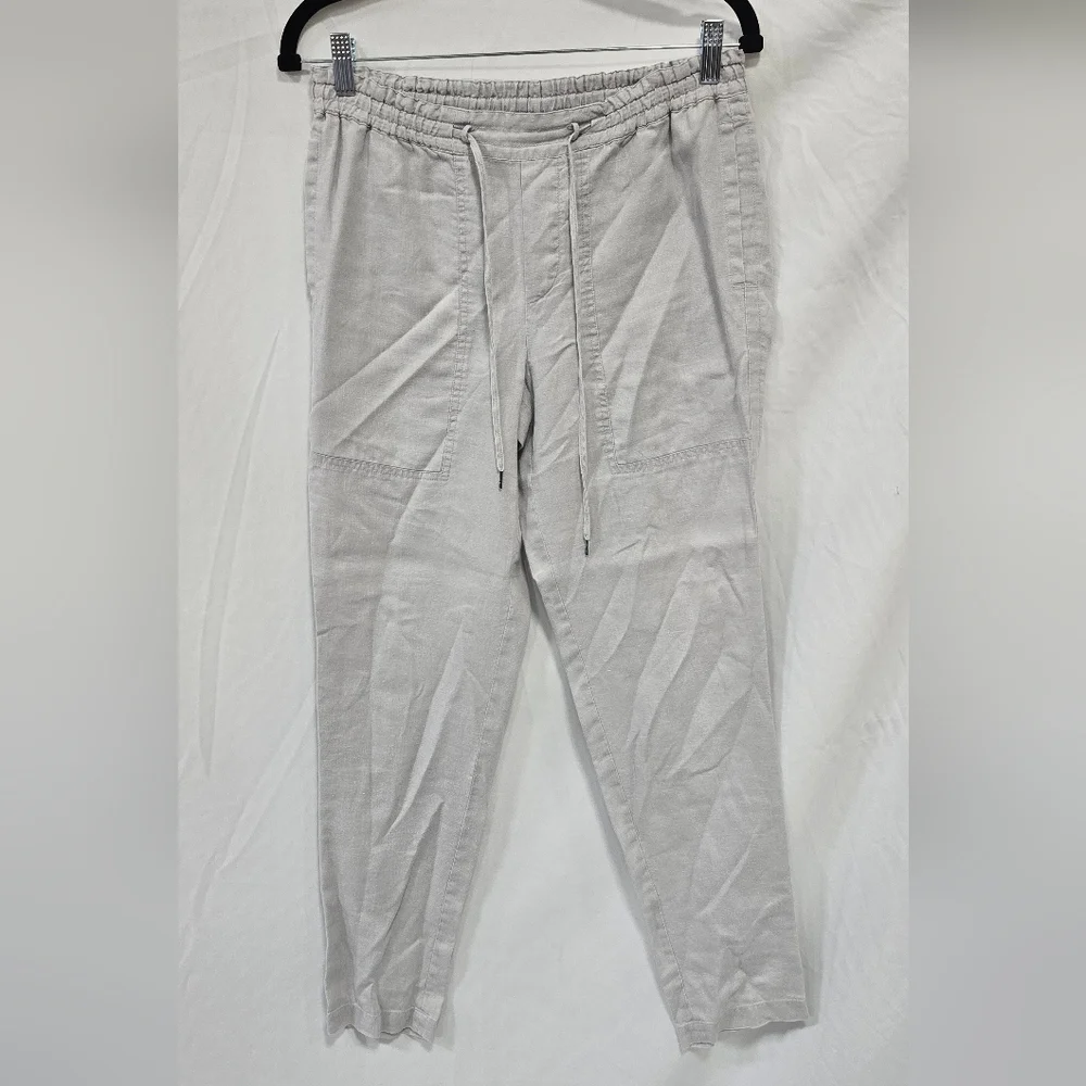 Vince women S cropped linen‎ pants gray pull on travel beach drawstring festival